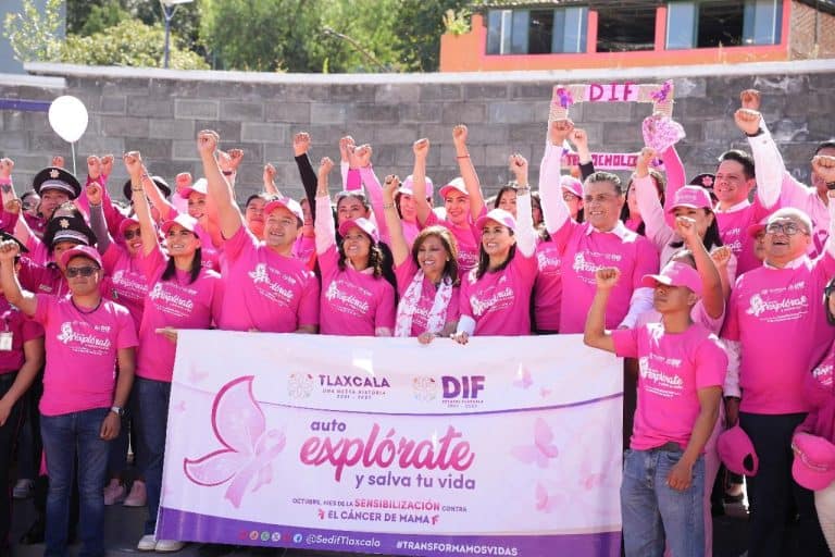 Explorando y apoyando la lucha contra el cáncer de mama, un grupo de personas con camisetas rosas y carteles, en una campaña de sensibilización en Tlaxcala, México, promoviendo salud y prevención.