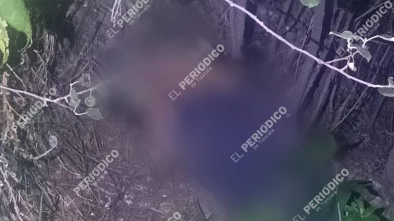 Oscurecida por la vegetación y con marcas de agua del medio de noticias El Periódico de Tlaxcala, la imagen muestra un área natural en la noche con poca iluminación y hojas dispersas.