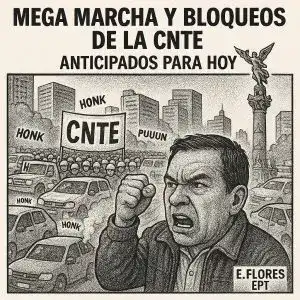 Desde las 11:00 de la mañana, miles de maestros de la Coordinadora Nacional de Trabajadores de la Educación (CNTE) se movilizan en los principales accesos a la Ciudad de México y el Estado de México. Exigen respeto a los derechos laborales, el fin de los descuentos salariales, y una educación pública digna y sin castigos administrativos. El líder sindical —representado en nuestro cartón editorial del día, obra de E. Flores (El Periódico de Tlaxcala)— encarna la voz de miles de docentes que hoy alzan el puño en defensa del magisterio. 🚧 Se esperan bloqueos y afectaciones viales durante gran parte del día. 🗞️ Síguenos para más noticias de impacto nacional y cobertura especial de las movilizaciones magisteriales. 🔖 #MegaMarchaCNTE #EducaciónDigna #CNTE2025 #ProtestaMagisterial #NoticiasMéxico #BloqueosCDMX #ElPeriódicoDeTlaxcala