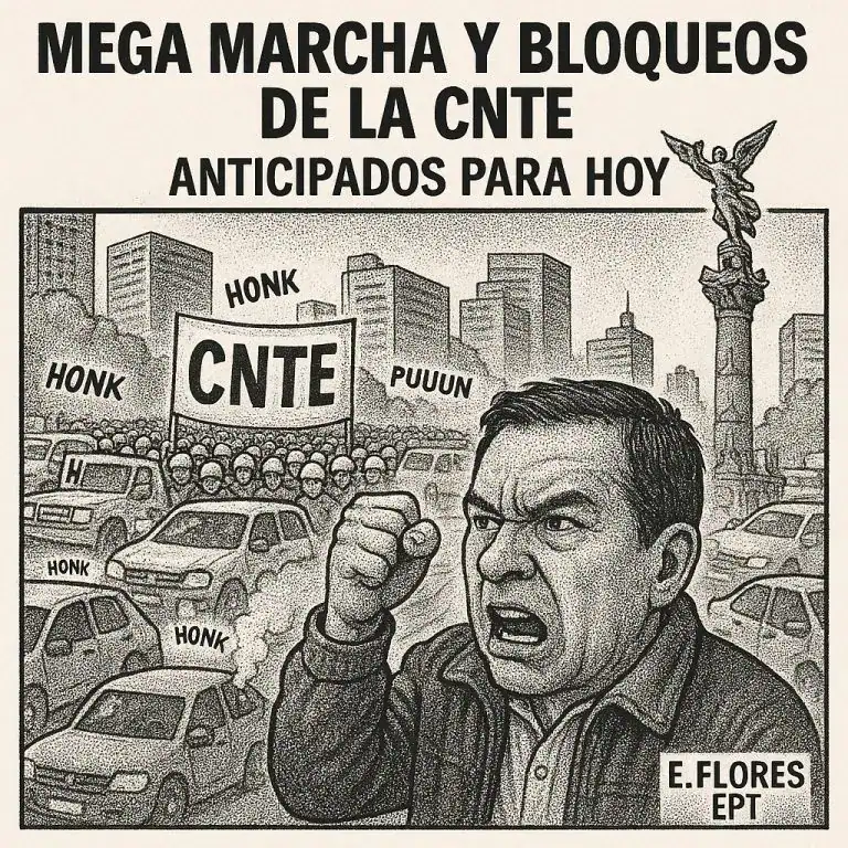 Desde las 11:00 de la mañana, miles de maestros de la Coordinadora Nacional de Trabajadores de la Educación (CNTE) se movilizan en los principales accesos a la Ciudad de México y el Estado de México. Exigen respeto a los derechos laborales, el fin de los descuentos salariales, y una educación pública digna y sin castigos administrativos. El líder sindical —representado en nuestro cartón editorial del día, obra de E. Flores (El Periódico de Tlaxcala)— encarna la voz de miles de docentes que hoy alzan el puño en defensa del magisterio. 🚧 Se esperan bloqueos y afectaciones viales durante gran parte del día. 🗞️ Síguenos para más noticias de impacto nacional y cobertura especial de las movilizaciones magisteriales. 🔖 #MegaMarchaCNTE #EducaciónDigna #CNTE2025 #ProtestaMagisterial #NoticiasMéxico #BloqueosCDMX #ElPeriódicoDeTlaxcala