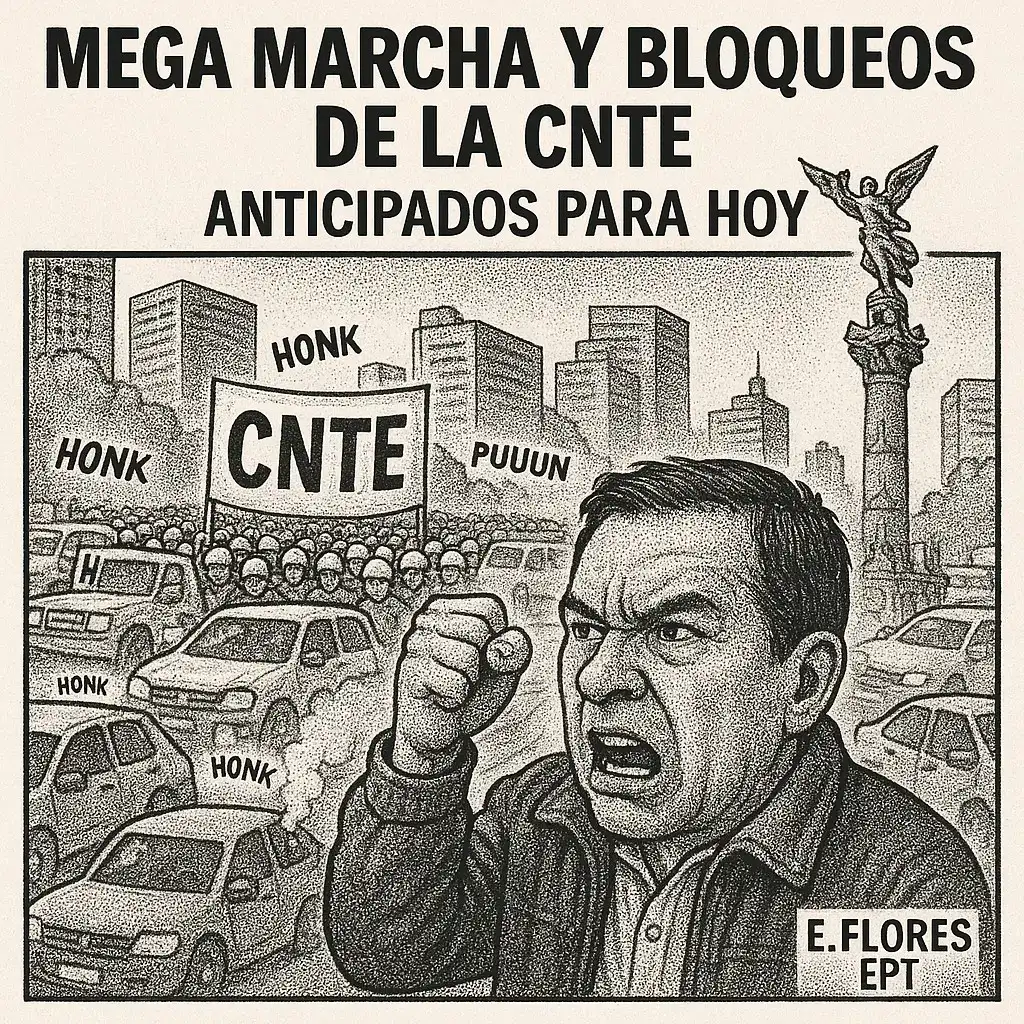 Desde las 11:00 de la mañana, miles de maestros de la Coordinadora Nacional de Trabajadores de la Educación (CNTE) se movilizan en los principales accesos a la Ciudad de México y el Estado de México. Exigen respeto a los derechos laborales, el fin de los descuentos salariales, y una educación pública digna y sin castigos administrativos. El líder sindical —representado en nuestro cartón editorial del día, obra de E. Flores (El Periódico de Tlaxcala)— encarna la voz de miles de docentes que hoy alzan el puño en defensa del magisterio. 🚧 Se esperan bloqueos y afectaciones viales durante gran parte del día. 🗞️ Síguenos para más noticias de impacto nacional y cobertura especial de las movilizaciones magisteriales. 🔖 #MegaMarchaCNTE #EducaciónDigna #CNTE2025 #ProtestaMagisterial #NoticiasMéxico #BloqueosCDMX #ElPeriódicoDeTlaxcala