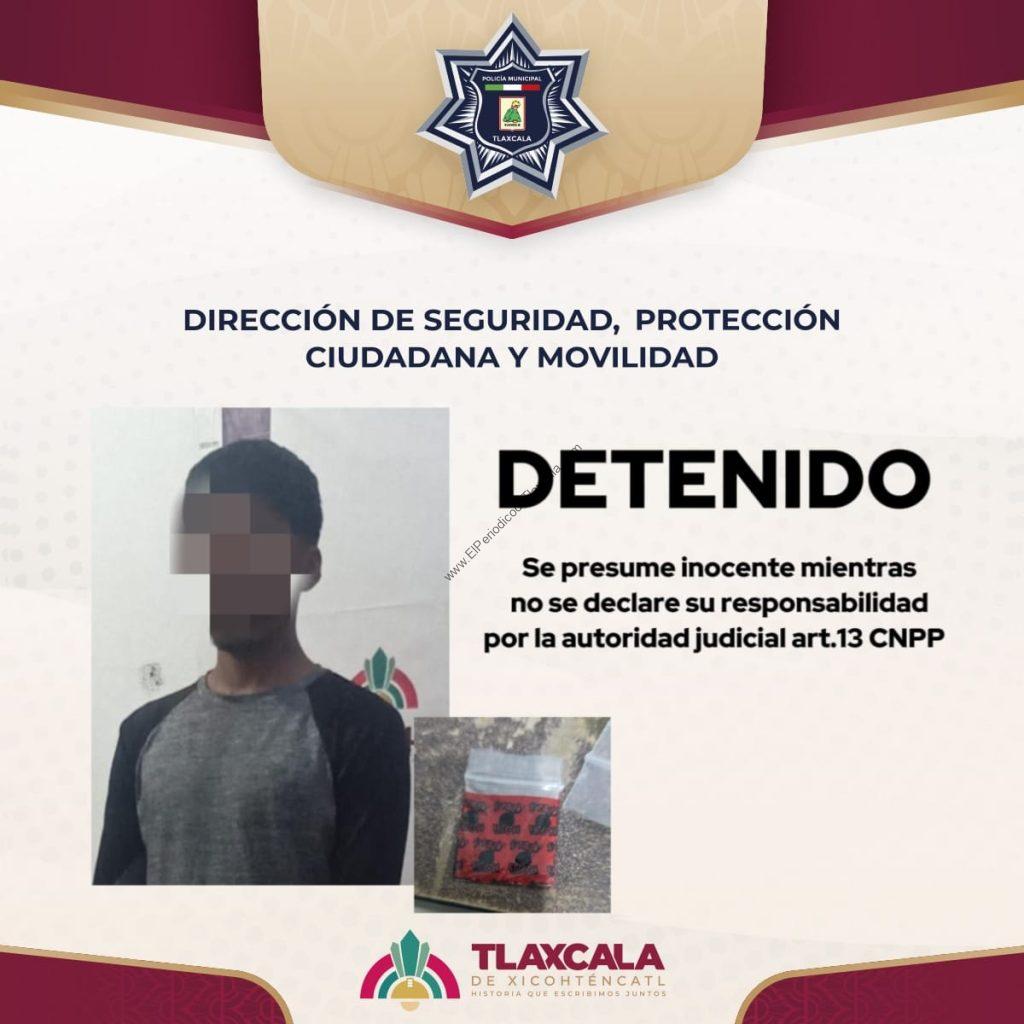 Policía municipal de Tlaxcala, detenimiento, imagen de un sospechoso, reporte de seguridad, autoridad policial, prevención del delito, imagen de una persona arrestada, información de seguridad pública, imagen institucional de Tlaxcala, medidas de protección ciudadana.