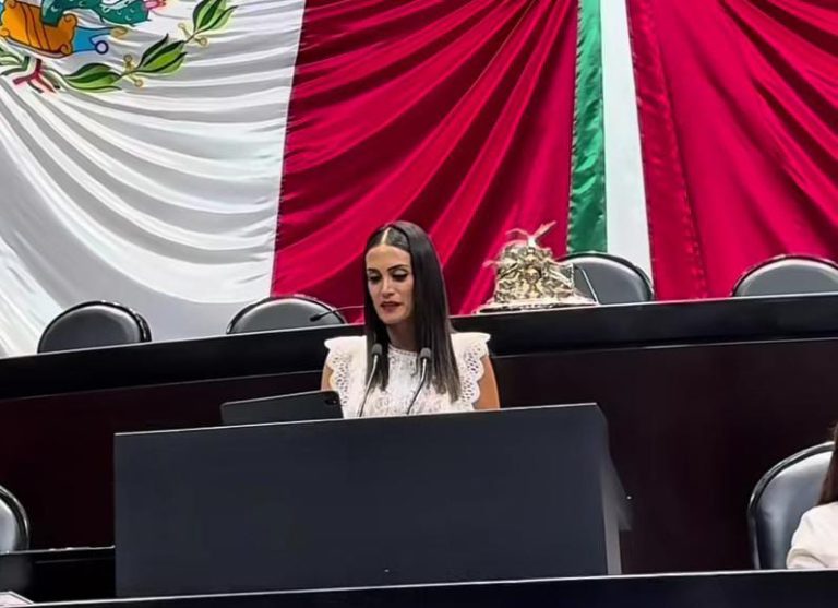 Presentadora en un evento oficial con bandera de México y Tlaxcala de fondo.