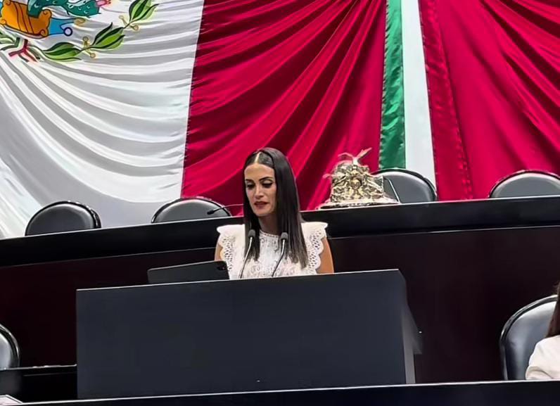 Presentadora en un evento oficial con bandera de México y Tlaxcala de fondo.