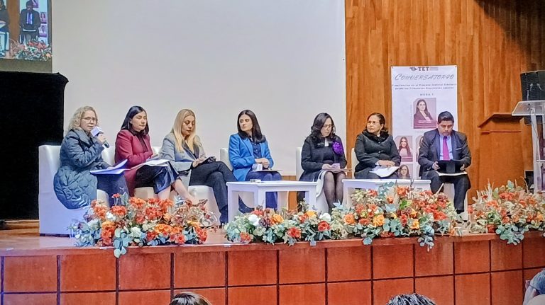 Asesores y panelistas en un foro en Tlaxcala, México, participando en un panel de discusión sobre temas de justicia y derechos humanos, con un enfoque en los derechos de las mujeres.