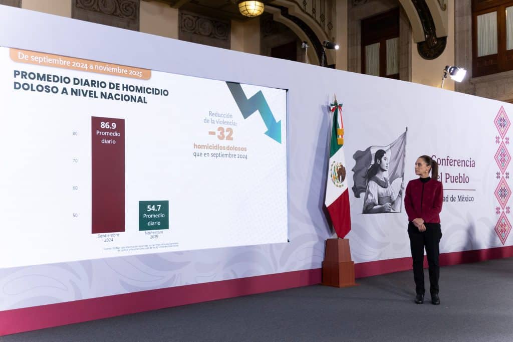 1. Mujer en conferencia con gráfico de reducción de homicidios dolosos en México, Portugal y Estados Unidos.