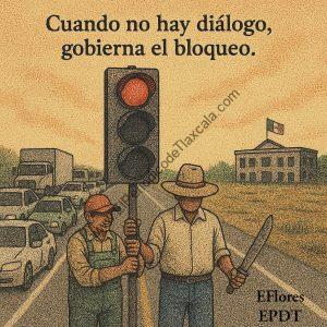 1. Dos personas con sombreros y herramientas en una calle con tráfico, enfrentándose a un semáforo en rojo y un edificio con bandera en México, ilustrando un acto de protesta o bloqueo.