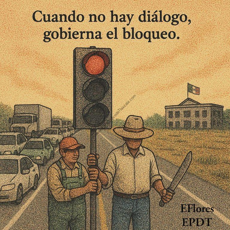 1. Dos personas con sombreros y herramientas en una calle con tráfico, enfrentándose a un semáforo en rojo y un edificio con bandera en México, ilustrando un acto de protesta o bloqueo.