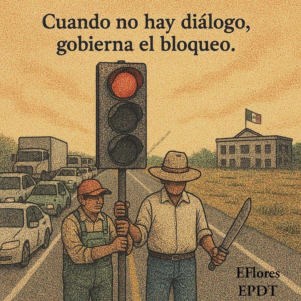 1. Dos personas con sombreros y herramientas en una calle con tráfico, enfrentándose a un semáforo en rojo y un edificio con bandera en México, ilustrando un acto de protesta o bloqueo.