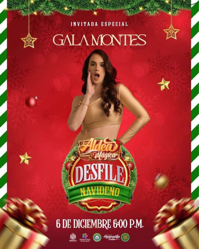 1. Espectacular poster de la Gala de Montes Navideña con una mujer sorprendida y decoración festiva en fondo rojo y verdes, promoviendo evento especial el 6 de diciembre.