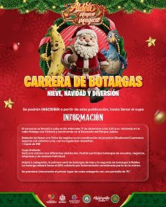 Aldeá Mágica y Divertida, promoviendo la Carrera de Botargas en Tlaxcala con personajes navideños, en un evento alegre y competitivo, con inscripciones abiertas y categorías de botargas de tela e inflables.