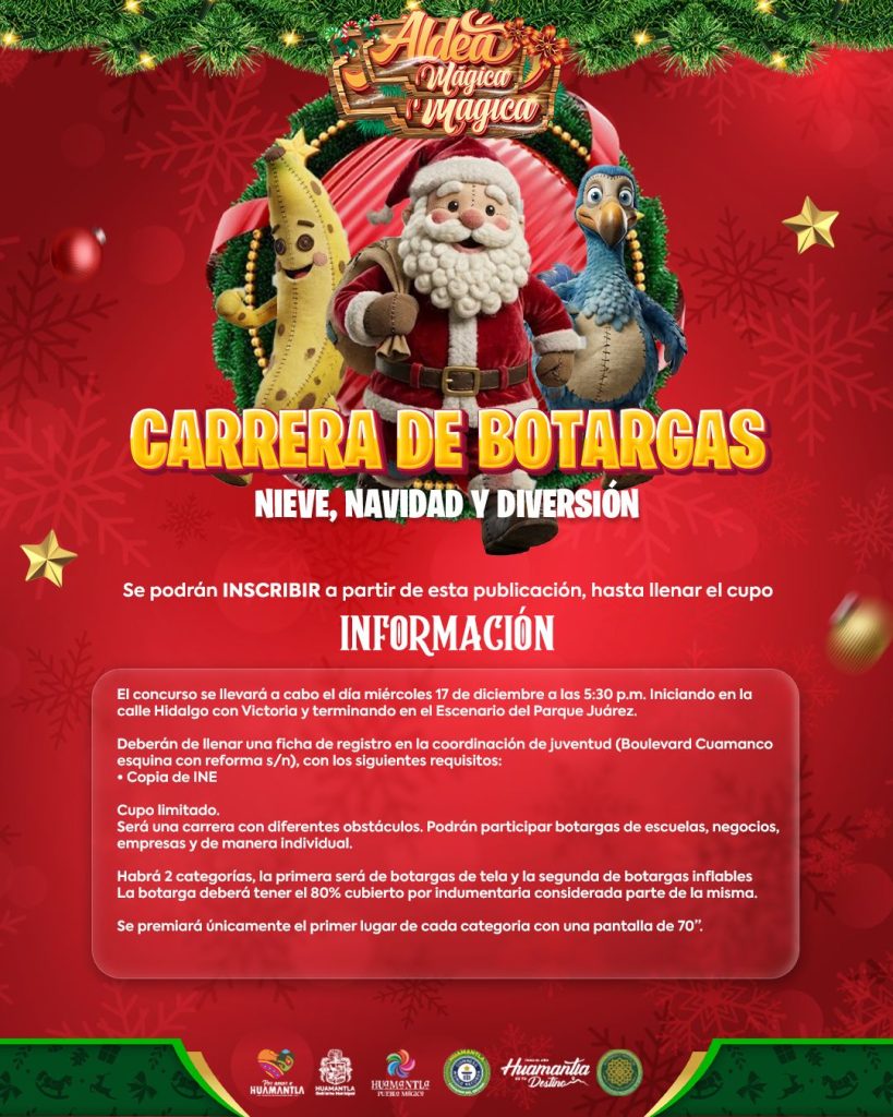 Aldeá Mágica y Divertida, promoviendo la Carrera de Botargas en Tlaxcala con personajes navideños, en un evento alegre y competitivo, con inscripciones abiertas y categorías de botargas de tela e inflables.