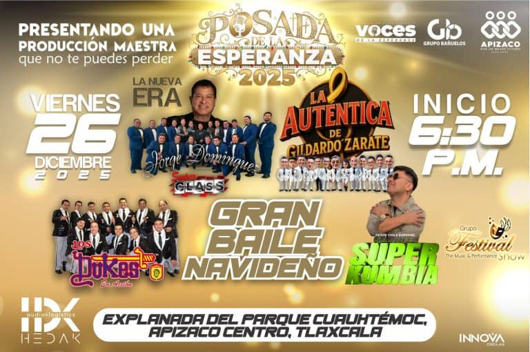 Espectáculo musical en Tlaxcala presentando La Auténtica de Gildardo Zarate, Gran Baile Navideño y Super Kumbia, en la explanada del Parque Cuauhtémoc, Apizaco, con inicio a las 5:30 p.m. el 26 de diciembre de 2025.