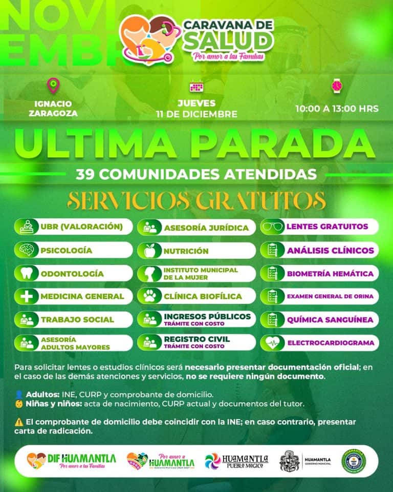 1. Cartel del evento de salud en Tlaxcala, con servicios gratuitos y atención comunitaria, incluyendo medicina, psicología y odontología, en diciembre.