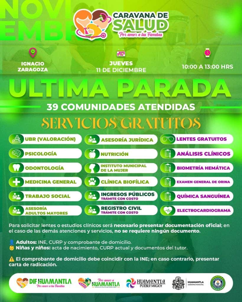 1. Cartel del evento de salud en Tlaxcala, con servicios gratuitos y atención comunitaria, incluyendo medicina, psicología y odontología, en diciembre.