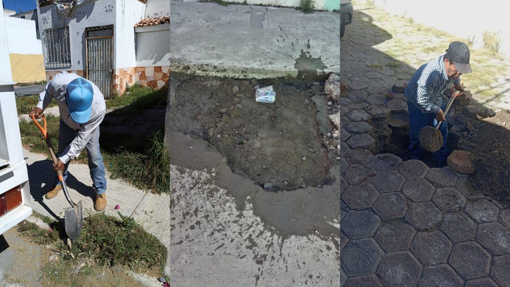 1. Hombre reparando la banqueta y calle en Tlaxcala, México, durante el día, usando herramientas manuales para mantenimiento urbano.