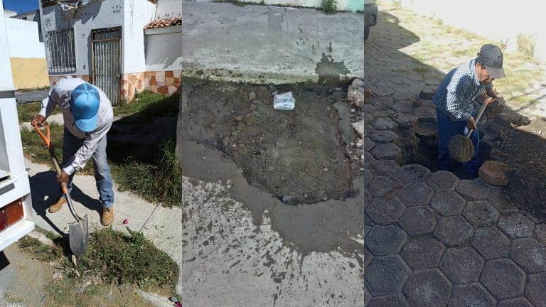 1. Hombre reparando la banqueta y calle en Tlaxcala, México, durante el día, usando herramientas manuales para mantenimiento urbano.
