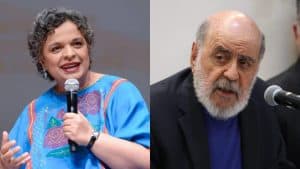 Diputada y senador en plena discusión política en una sesión del Congreso de México. Ambos muestran expresiones intensas, discutiendo temas relevantes del país en un entorno formal con micrófonos y fondo neutro.