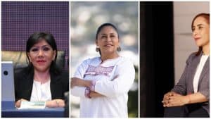 1. Mujeres políticas de Tlaxcala en diferentes ambientes: oficina, exterior y reunión, mostrando liderazgo y confianza.