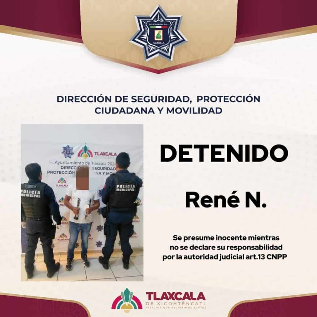 Detenido René N. por presunta responsabilidad, se presume inocente mientras no se declare su responsabilidad por la autoridad judicial. Foto de la detención en Tlaxcala, México.