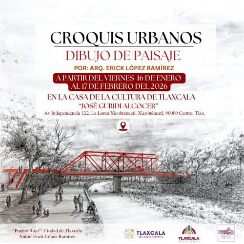 Puente Rojo en Ciudad de Tlaxcala, un dibujo de paisaje urbano en croquis con detalles en rojo, promociona exposición de dibujo de paisaje por el arquitecto Erick López Ramírez en Tlaxcala, México.