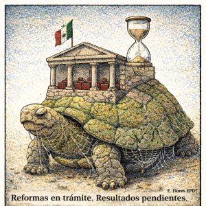 1. Tortuga con edificio, bandera mexicana y reloj de arena sobre su caparazón, representando el tiempo y las reformas pendientes en Tlaxcala, México.