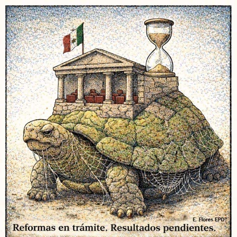 1. Tortuga con edificio, bandera mexicana y reloj de arena sobre su caparazón, representando el tiempo y las reformas pendientes en Tlaxcala, México.