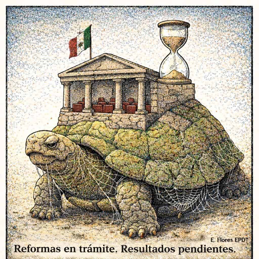 1. Tortuga con edificio, bandera mexicana y reloj de arena sobre su caparazón, representando el tiempo y las reformas pendientes en Tlaxcala, México.