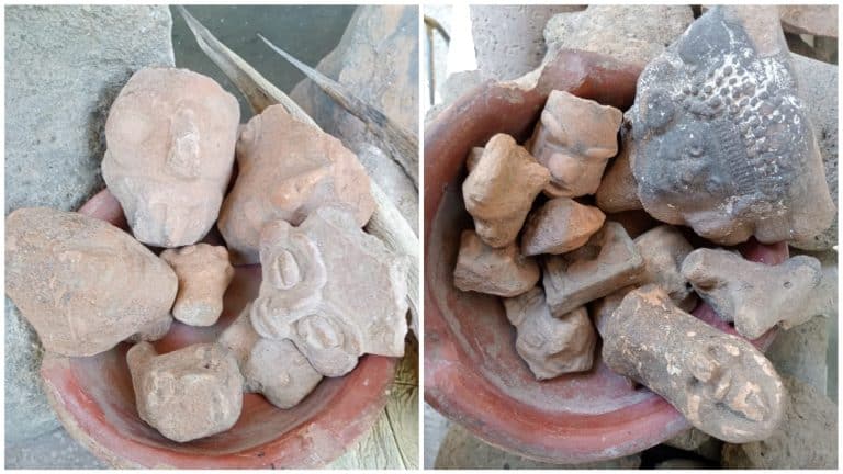 Antigua escultura prehispánica en piedra con detalles y grabados, descubierta en Tlaxcala, México, que refleja la riqueza cultural y artística de las civilizaciones antiguas de la región.