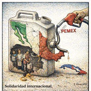 1. La ilustración muestra un garrafón con la bandera de México mostrando daños y una fuga de gasolina etiquetada como PEMEX, simbolizando crisis y problemas en el país.