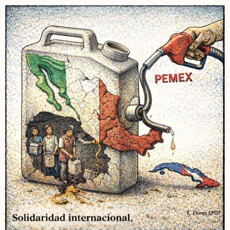 1. La ilustración muestra un garrafón con la bandera de México mostrando daños y una fuga de gasolina etiquetada como PEMEX, simbolizando crisis y problemas en el país.