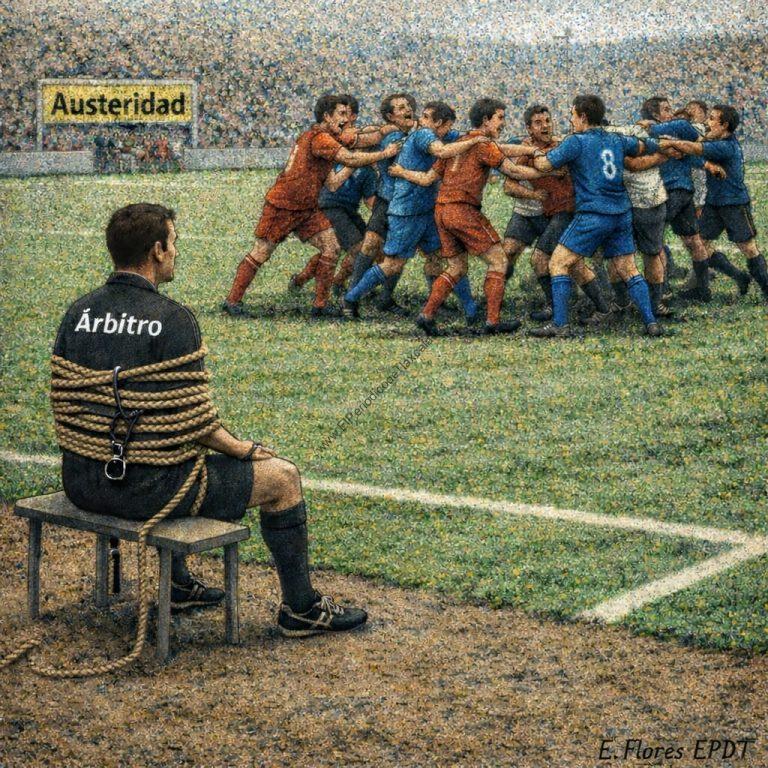 1. Agresivo partido de fútbol con árbitro atado con cuerda, observando la confrontación entre jugadores en el campo.
