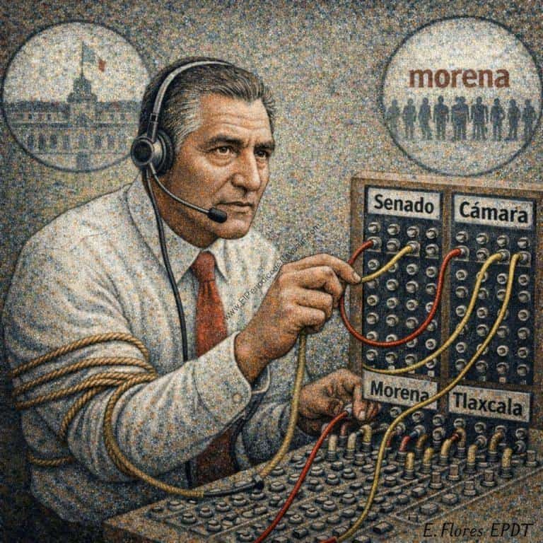 1. Hombre en equipo de sonido, rodeado de cables y botones, con fondos de edificios y logotipo de Morena, en una simbólica representación de la política y los medios en Tlaxcala.
