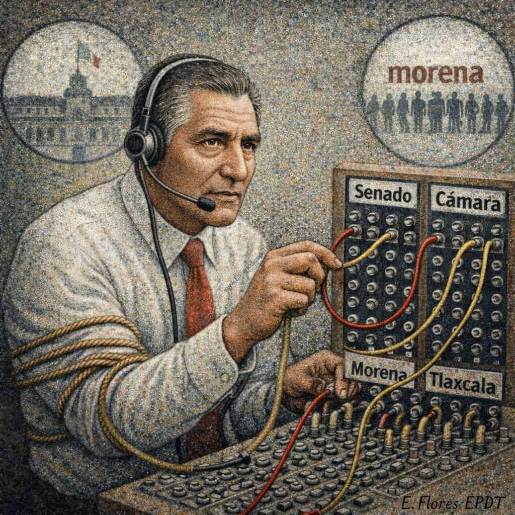 1. Hombre en equipo de sonido, rodeado de cables y botones, con fondos de edificios y logotipo de Morena, en una simbólica representación de la política y los medios en Tlaxcala.
