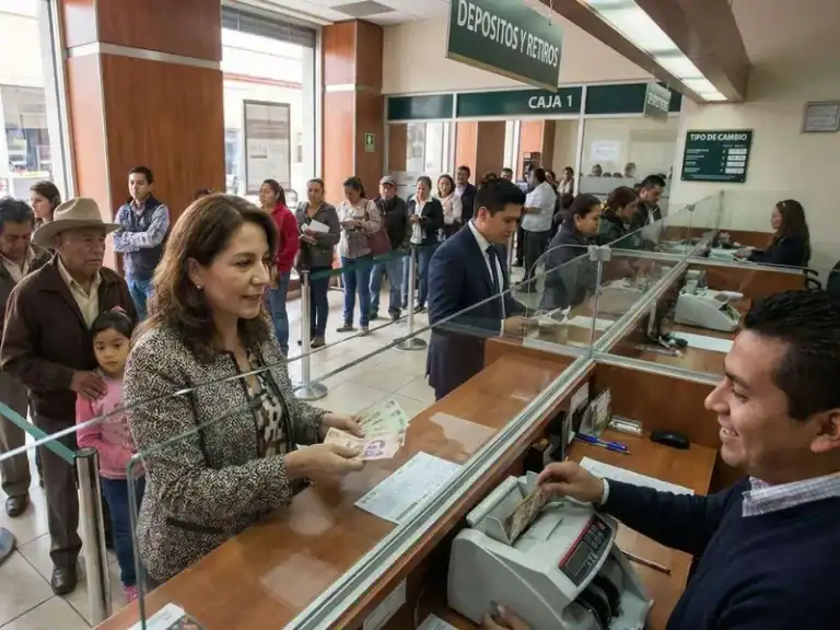 1. Personas realizando trámites en ventanillas de un banco con fila de clientes esperando su turno.