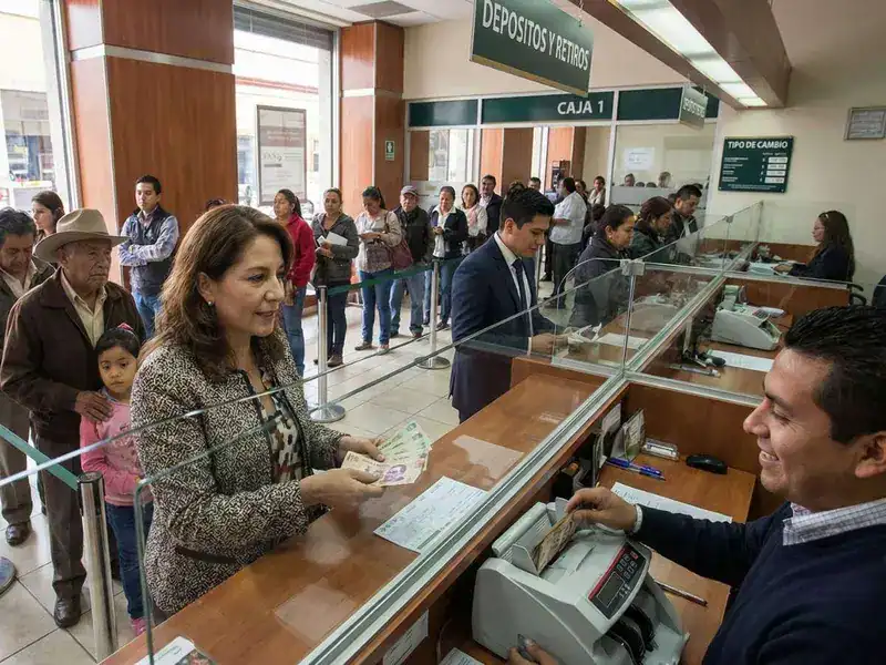 1. Personas realizando trámites en ventanillas de un banco con fila de clientes esperando su turno.