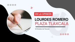 Escritora Lourdes Romero en una columna de opinión en Plaza Tlaxcala, con un fondo moderno y elementos gráficos en blanco, negro y rojo.