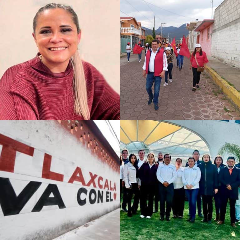 Mujer sonriendo con cabello rubio y suéter rojo en primer plano.