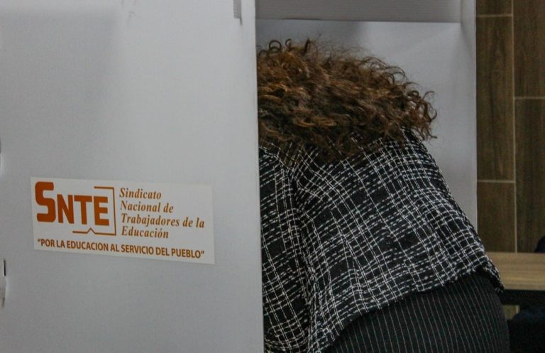 La mujer en la imagen participa en una elección o votación en un centro electoral en Tlaxcala, México, con un cartel del SNTE en el fondo.