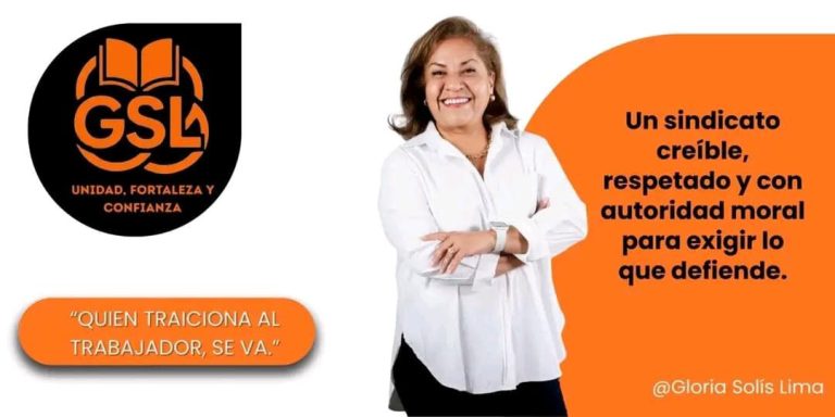 Una mujer sonriente con brazos cruzados, vestida con blusa blanca, en un fondo naranja con texto que destaca la importancia de un sindicato respetuoso y confiable en Tlaxcala.