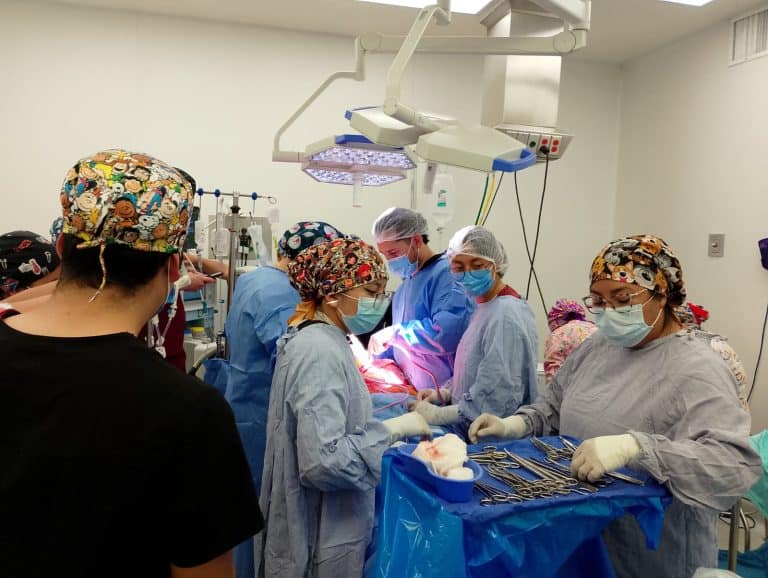 Realización de una cirugía en un quirófano con un equipo médico especializado, todos con batas, guantes, mascarillas y gorros, trabajando en conjunto bajo iluminación quirúrgica.