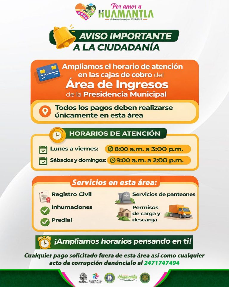 Aviso importante sobre horarios y servicios en la oficina de la Presidencia Municipal de Tlaxcala, con instrucciones para pagos y atención al ciudadano.