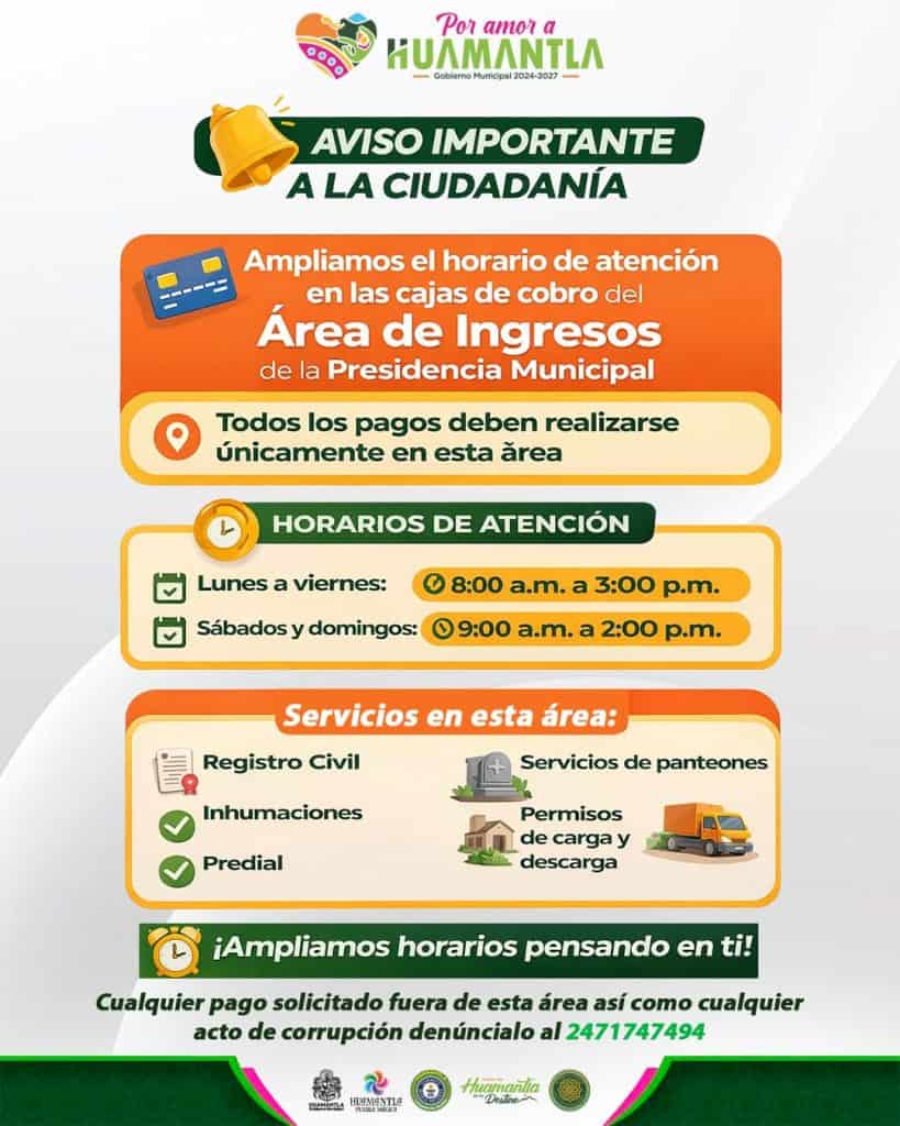 Aviso importante sobre horarios y servicios en la oficina de la Presidencia Municipal de Tlaxcala, con instrucciones para pagos y atención al ciudadano.