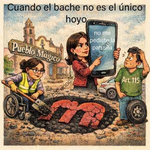Ilustración de una mujer señalando un teléfono móvil con mensaje, acompañada de un niño en silla de ruedas y otro con uniforme, en un escenario de pueblo con un cartel de "Pueblo Mágico".