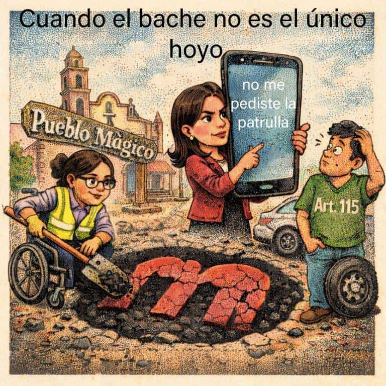 Ilustración de una mujer señalando un teléfono móvil con mensaje, acompañada de un niño en silla de ruedas y otro con uniforme, en un escenario de pueblo con un cartel de "Pueblo Mágico".