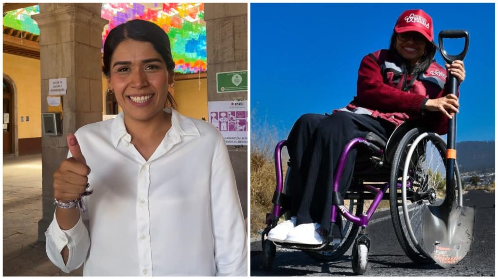 Mujer en silla de ruedas con gorra y ropa deportiva, sonriendo y sosteniendo una pala en un entorno al aire libre con cielo despejado.