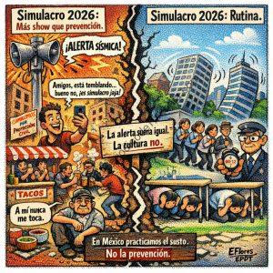 Comparación entre simulacros 2026, uno con prevención y otro sin, mostrando la importancia de la cultura y la preparación ante sismos en México.