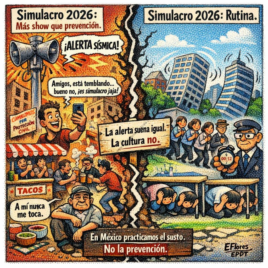 Comparación entre simulacros 2026, uno con prevención y otro sin, mostrando la importancia de la cultura y la preparación ante sismos en México.