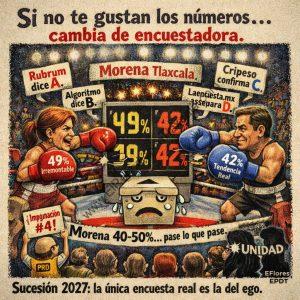 Imagen de una pelea de boxeo entre dos personajes que representan diferentes partidos políticos, con resultados de encuestas y porcentajes en una pantalla central.