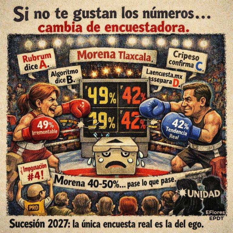 Imagen de una pelea de boxeo entre dos personajes que representan diferentes partidos políticos, con resultados de encuestas y porcentajes en una pantalla central.